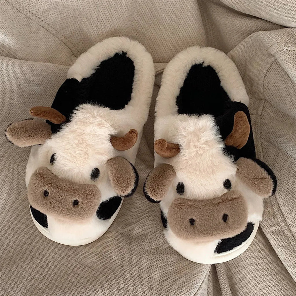 White cow plush slippers for women with non-slip textured soles