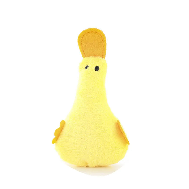 Duck plush pet toy with catnip filling in blue, pink, yellow, or black colour options