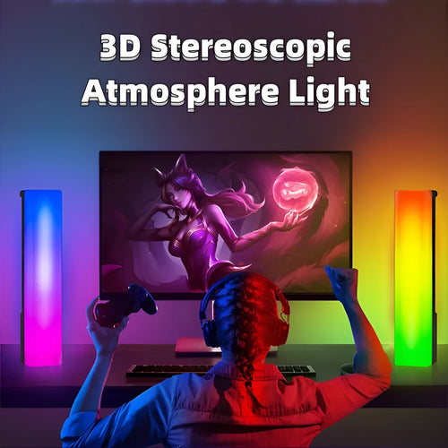 Black 3D RGB table top ambience lamp with voice-activated rhythm lighting for PC gaming decor