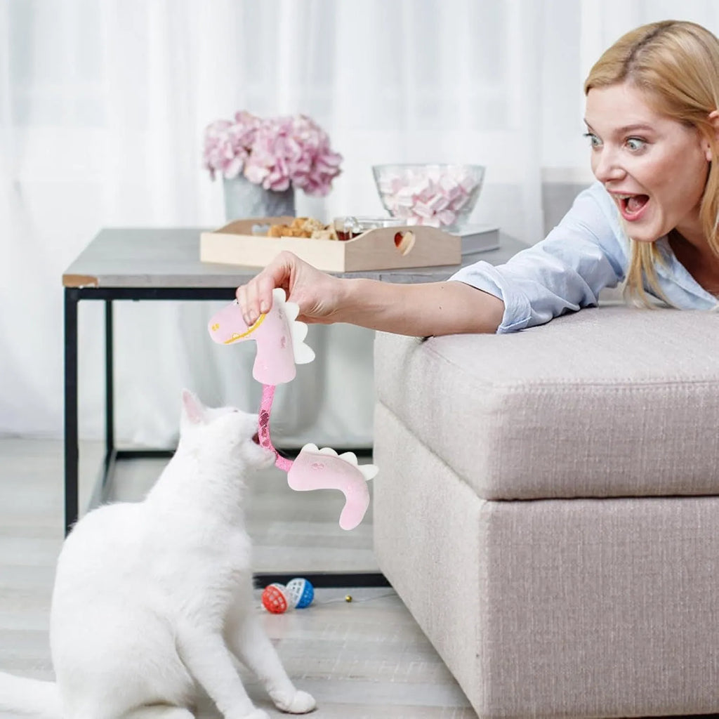 Set of four colourful plush cat toys including a fish, mouse, bunny, and rope on a plain background.