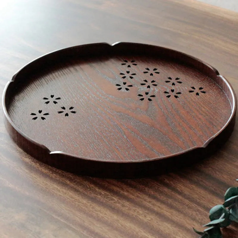 Wooden plate with hollow sakura cherry blossom pattern, 30 cm diameter shallow serving tray