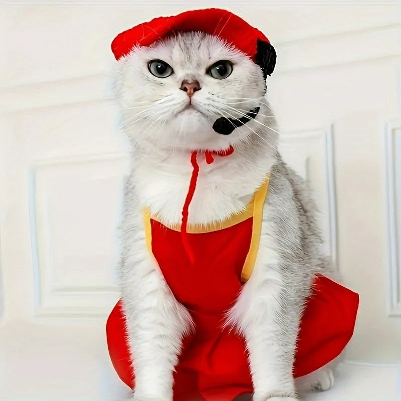 Handmade chef hat and cotton knitted sweater pet costume for small to medium cats and dogs