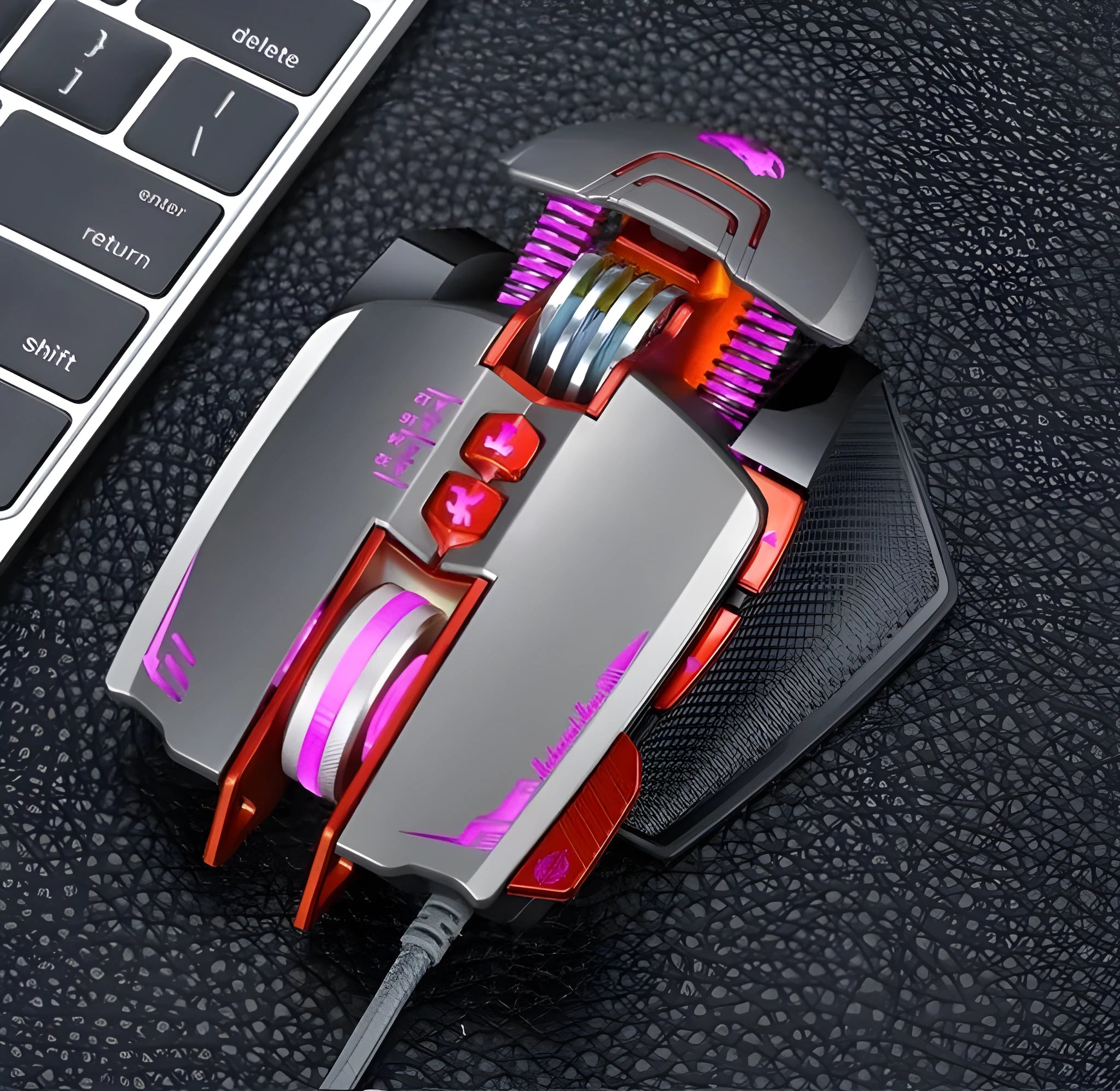 Thunder Wolf V9 wired gaming mouse in Black or Grey on a desk with USB cable