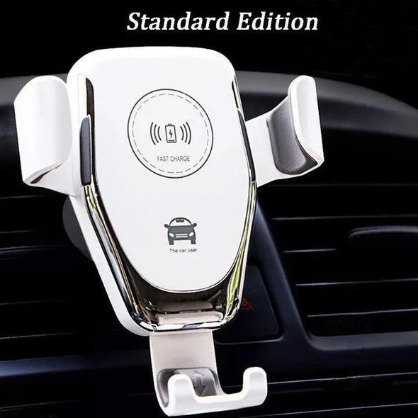 Black wireless car charger mounted on vehicle vent with iPhone secured in automatic clamping mechanism