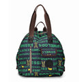 Large nylon backpack in black colour showing sandwich pocket design and dimensions