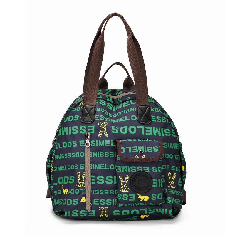 Large nylon backpack in black colour showing sandwich pocket design and dimensions