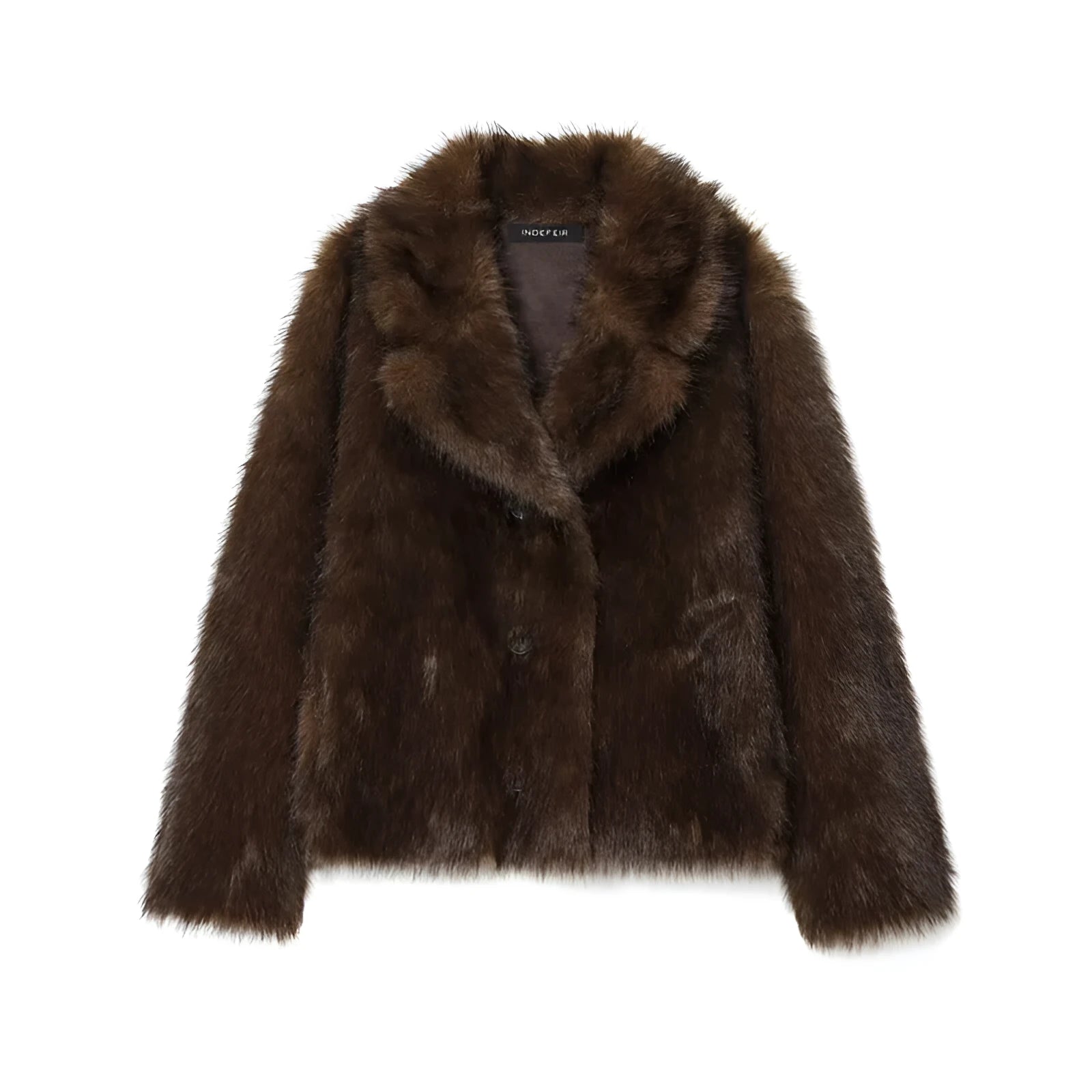Women's double-sided artificial fur effect jacket coat with faux fur collar in brown colour