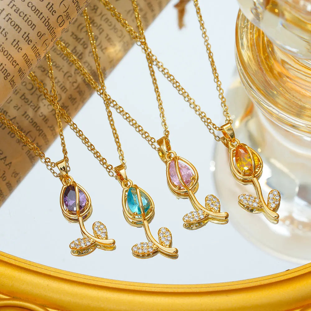 Zircon tulip necklace with titanium steel chain and copper-plated gold flower pendant in C383 gold colours