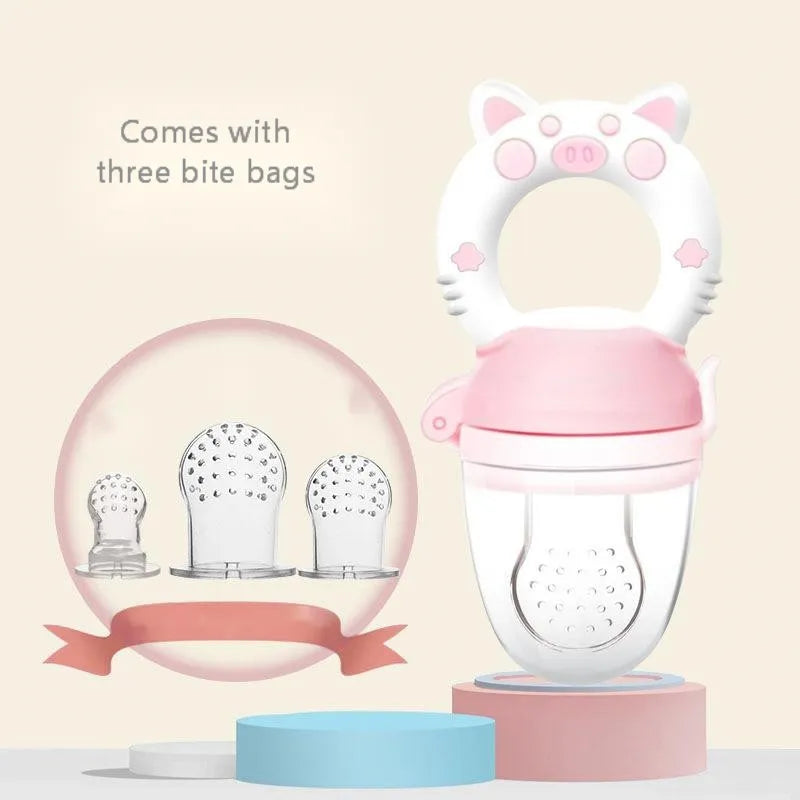 Blue, green, and pink silicone baby teethers showing both single and triple mouthpiece style options.