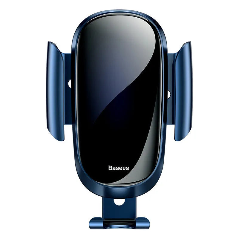 Universal car smartphone mount with adjustable clamp on a car air vent, showing 360-degree rotation.