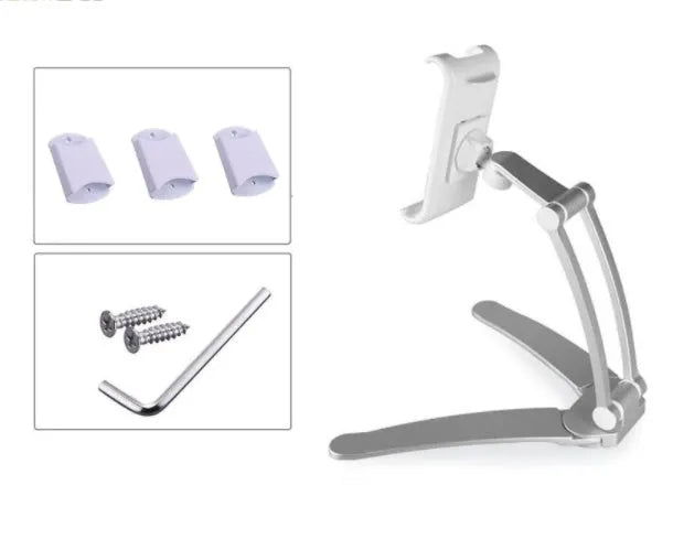 Silver aluminum alloy desktop tablet stand holding a tablet at adjustable angle with white mounting base