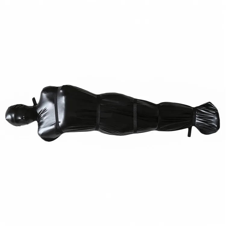 Black patent leather bondage set with harness and six ratchet tie-down straps