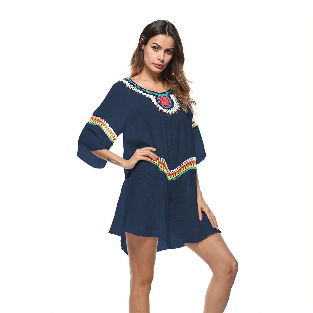 Crocheted ethnic style women's beach clothing in acrylic fabric for sun protection during swimming