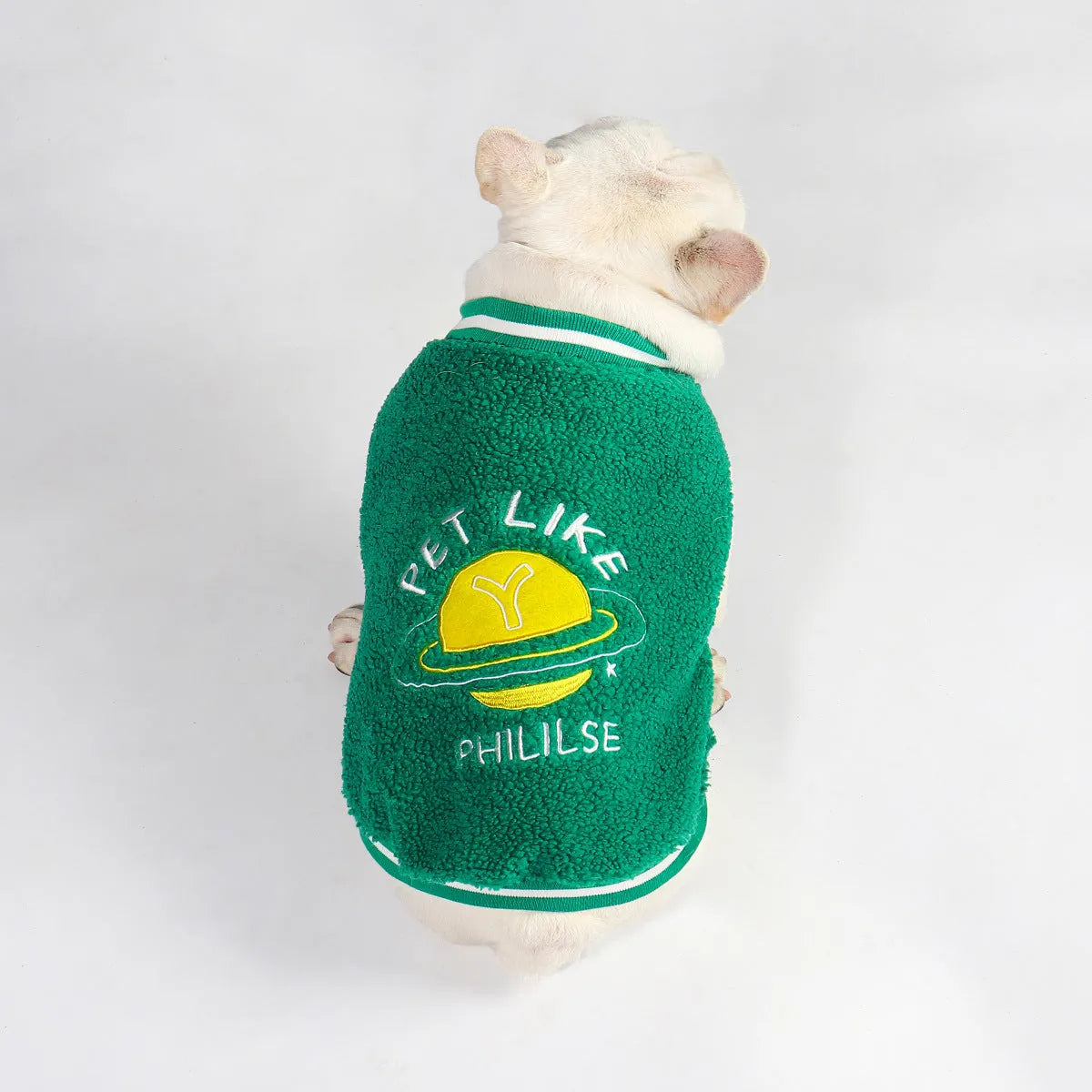 Green fleece-lined cotton winter dog clothing shown on medium to extra large breed