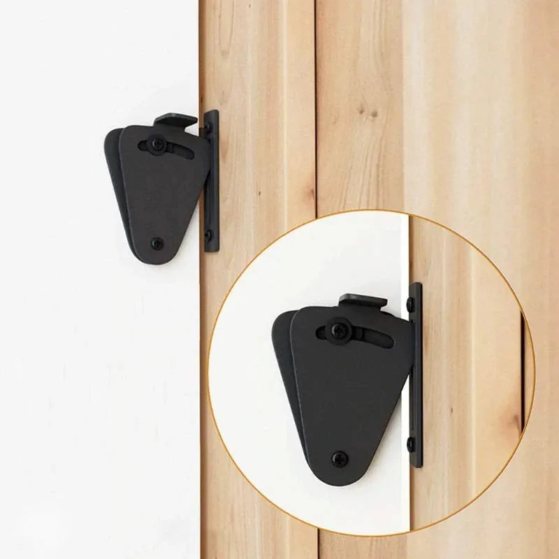 Black stainless steel sliding barn door lock showing S and M size options for different gap measurements