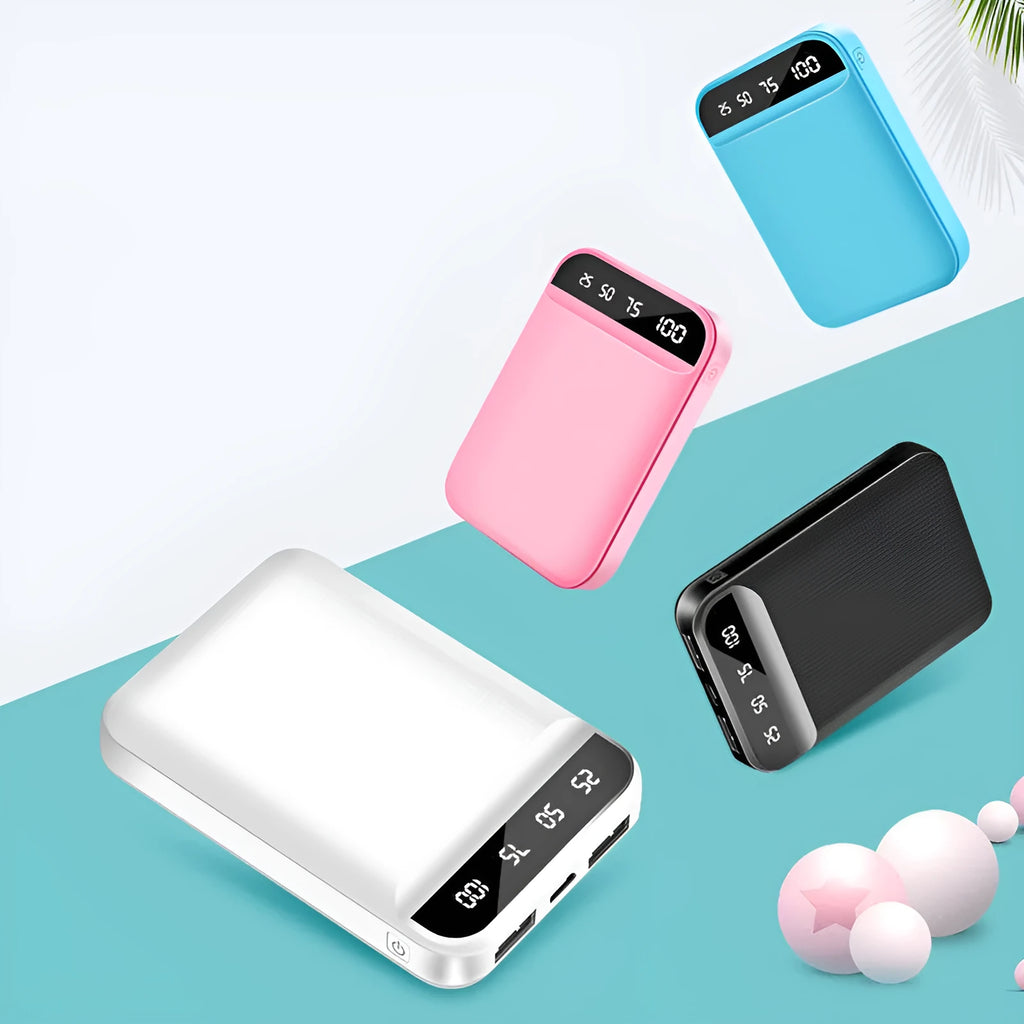 Mini portable power bank in black, blue, pink, or white with multiple USB ports.