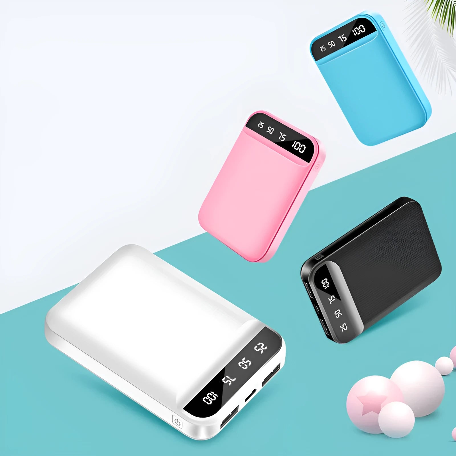 Mini portable power bank in black, blue, pink, or white with multiple USB ports.