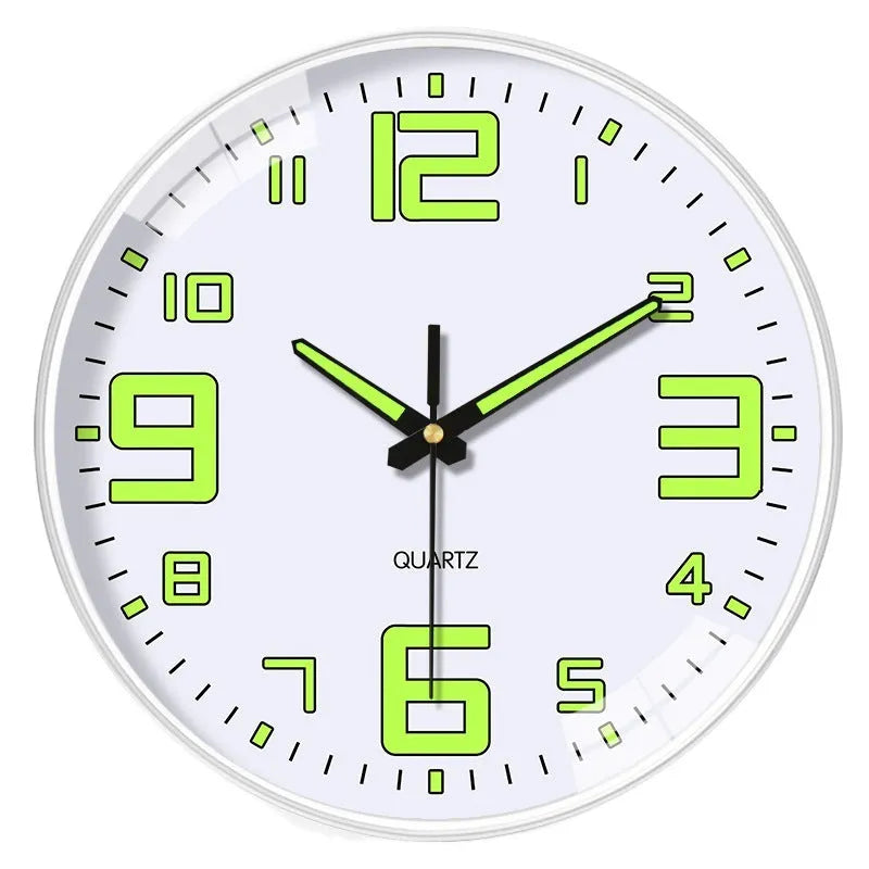 Modern 8 inch diameter luminous wall clock with silent movement on a wall.