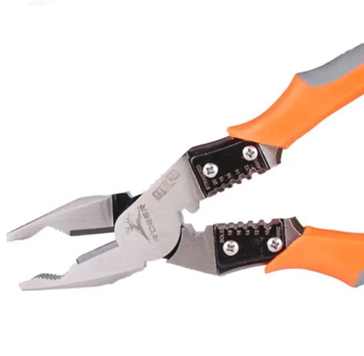 Orange multi-function wire cutter pliers with plastic handle and alloy steel jaws.