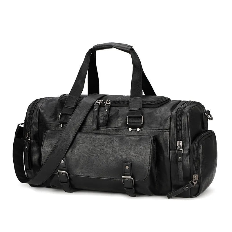 Black PU travel bag with separate shoe compartment measuring 52cm height