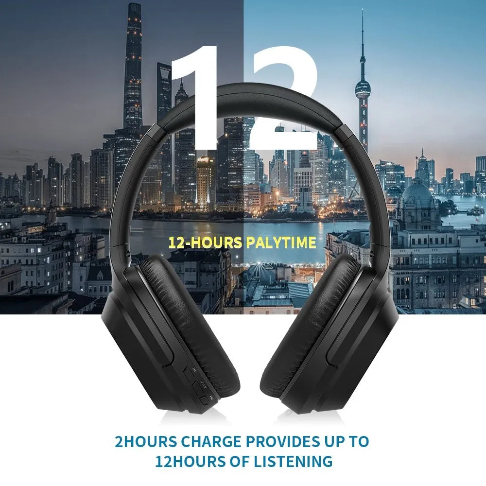 Black Gorsun E98 wireless over-ear Bluetooth headphones with padded headband and Memory-protein ear cushions.