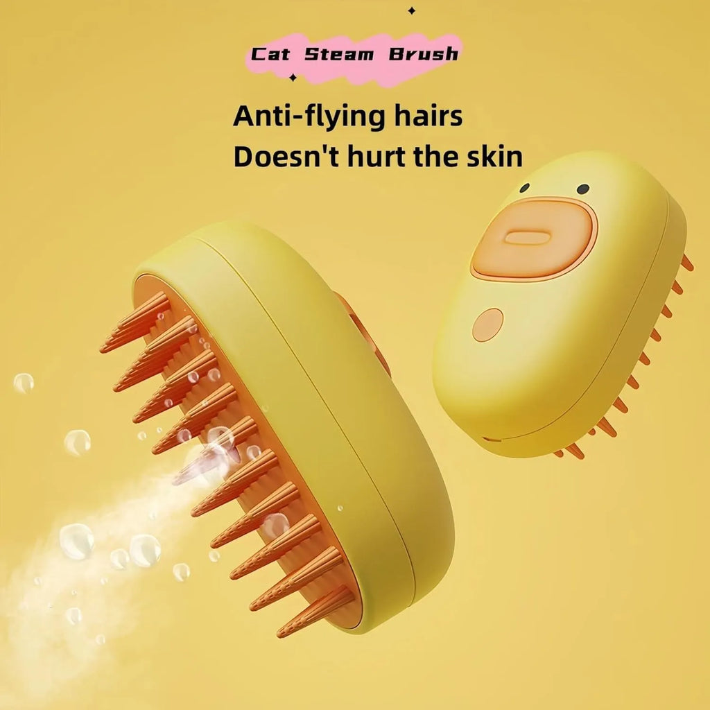 White silicone steam brush for pet grooming with rubber teeth and water tank.