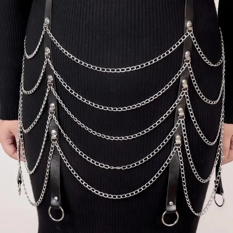 Black PU leather waist chain ornament with bandage detail and chain binding decoration