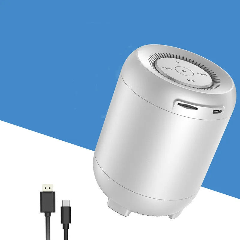 Black and white Bluetooth speaker with AI voice control featuring 16-hour battery and subwoofer boosting