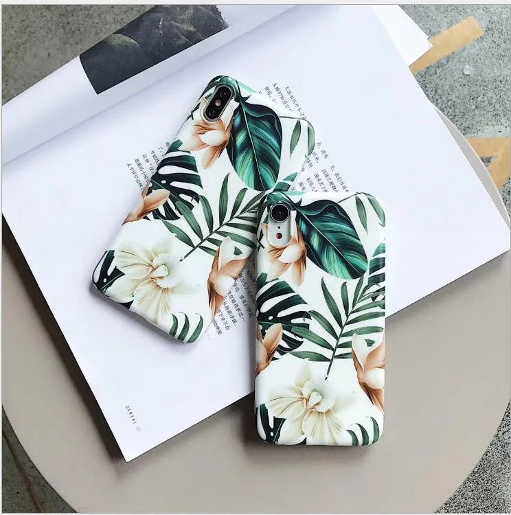 Soft TPU floral phone back cover with banana leaf art for iPhone, shown in flower leaves colour.