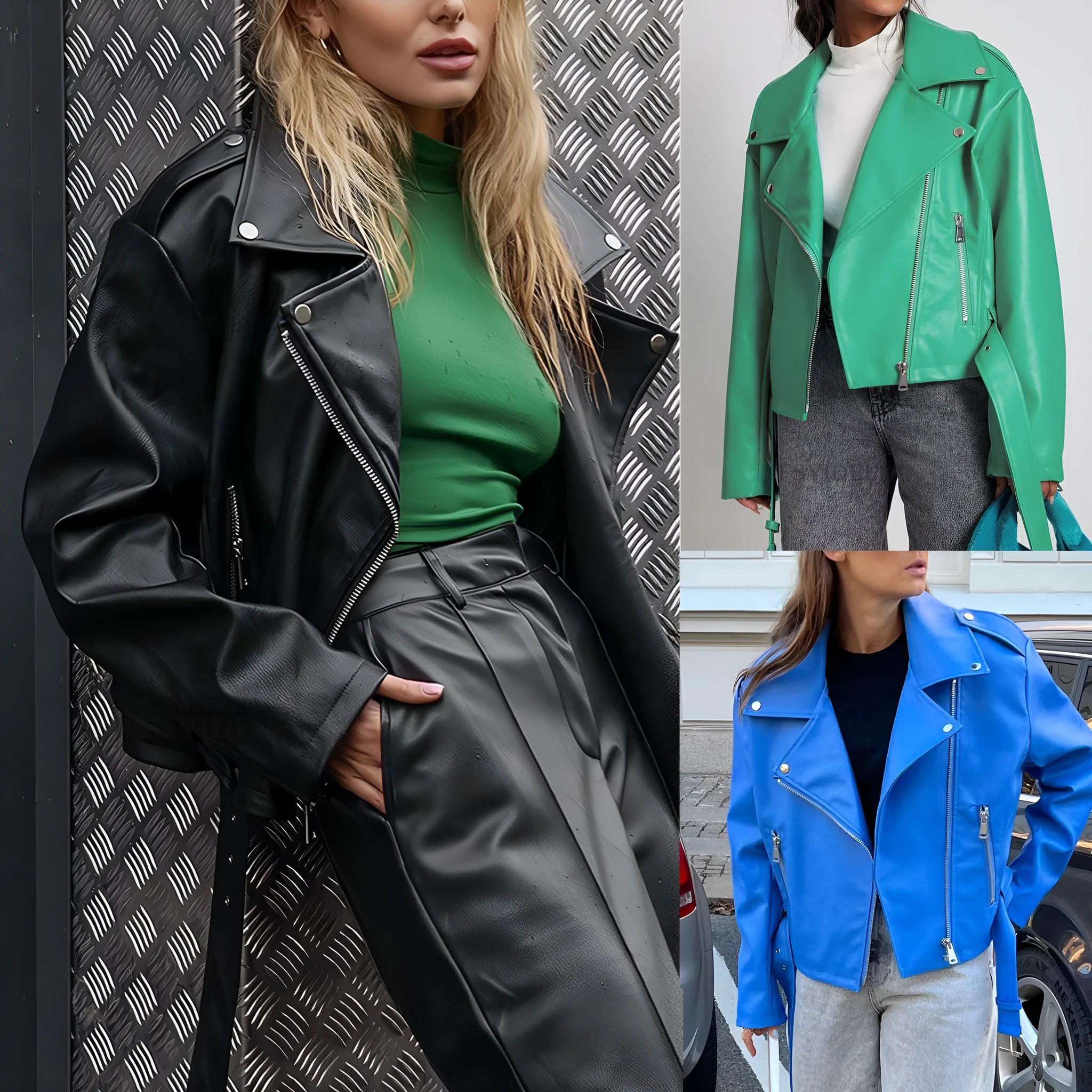 Black punk style leather jacket with a Peter Pan collar and regular sleeves on a hanger.