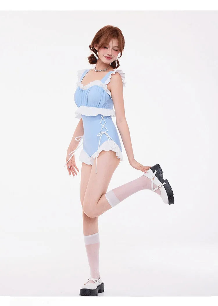 Light blue lace-trimmed high waist backless one-piece swimsuit for women