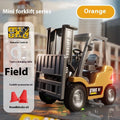 1:64 scale silver alloy Bluetooth remote-control forklift toy with mobile phone app on screen.