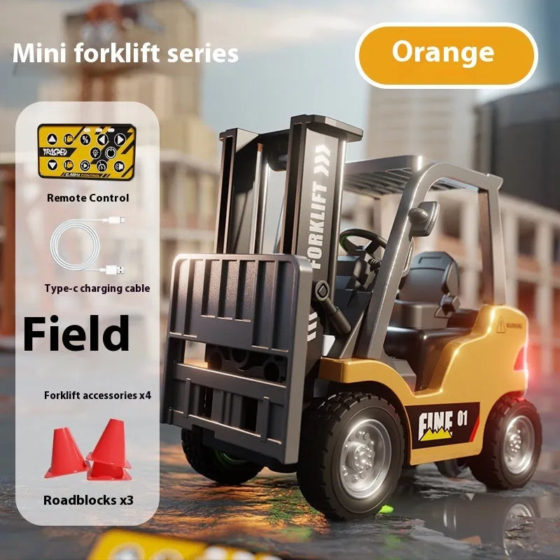 1:64 scale silver alloy Bluetooth remote-control forklift toy with mobile phone app on screen.