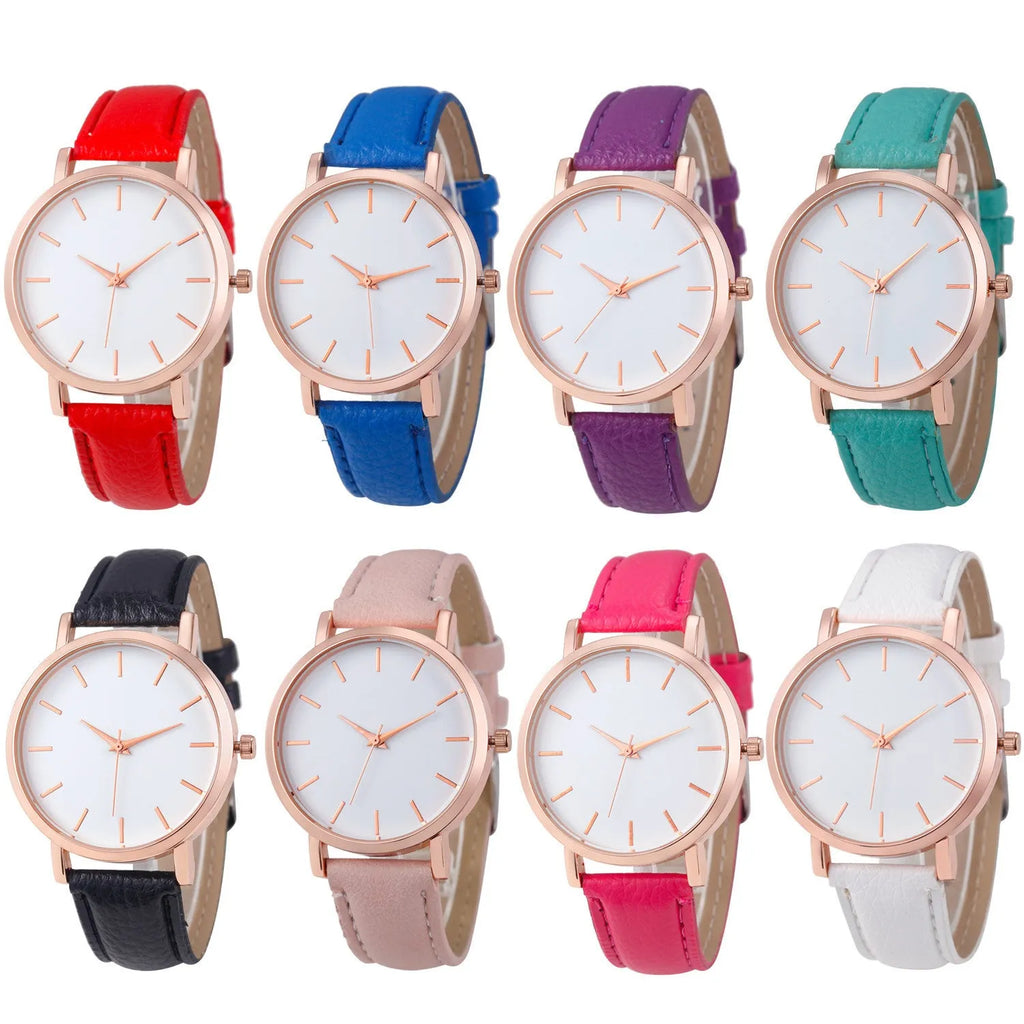 Square quartz watch with PU leather strap and alloy case in a selection of colours on a white background.