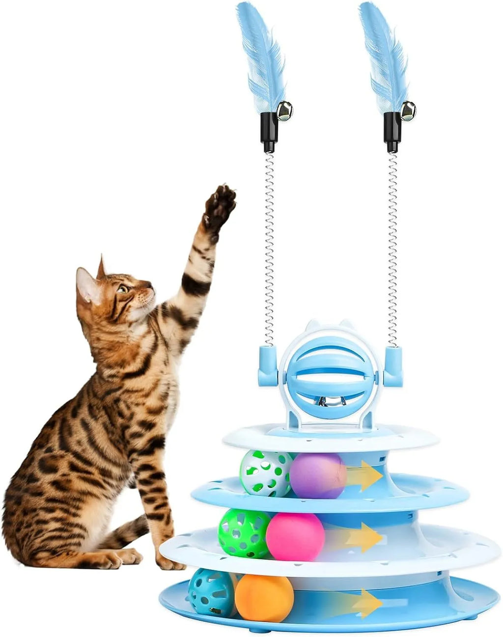 Blue 4-tier interactive cat puzzle toy with balls and teasing rods on a non-slip base.