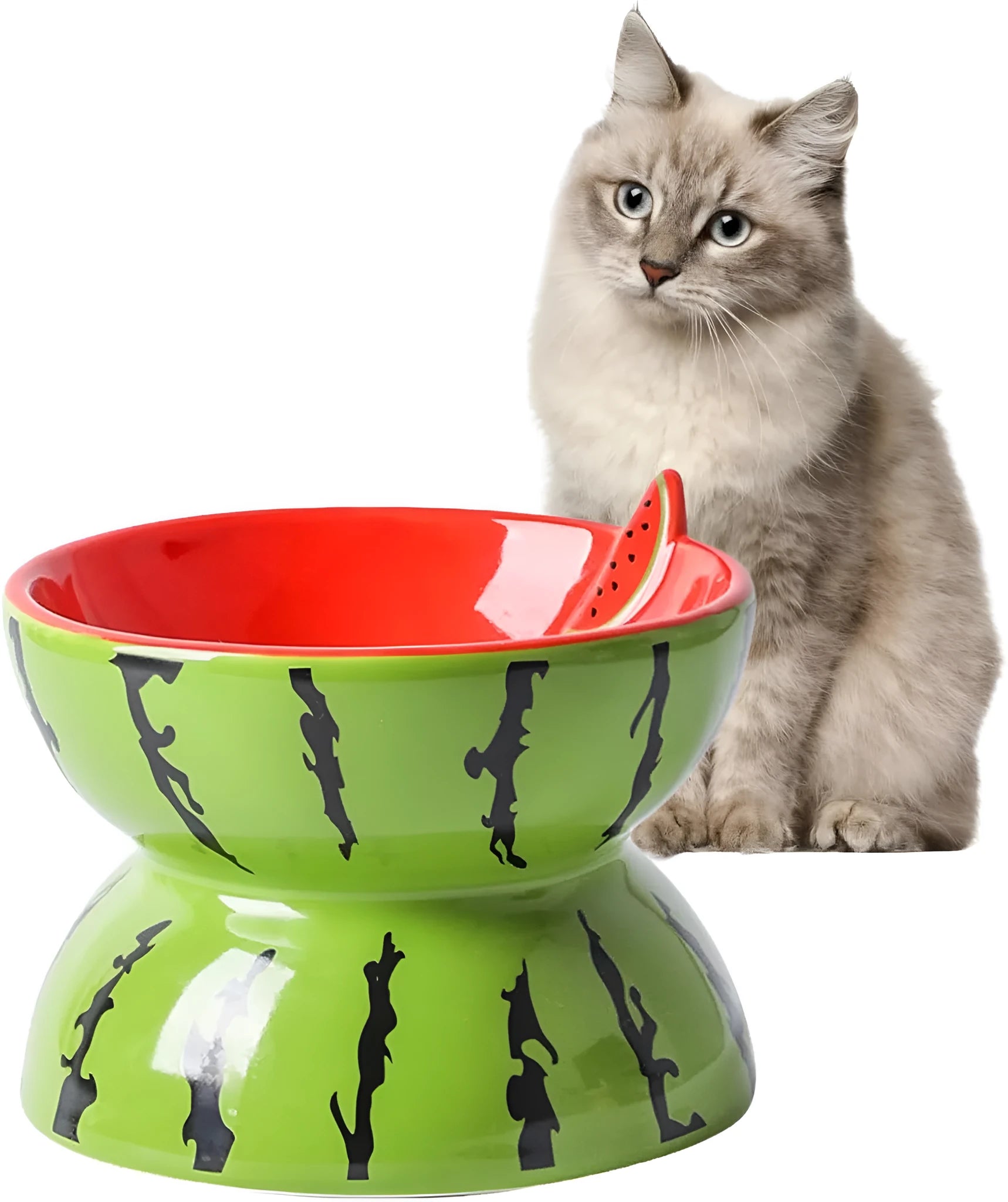Ceramic raised cat bowl in orange pattern, showing tilted wide-rim design on elevated stand.