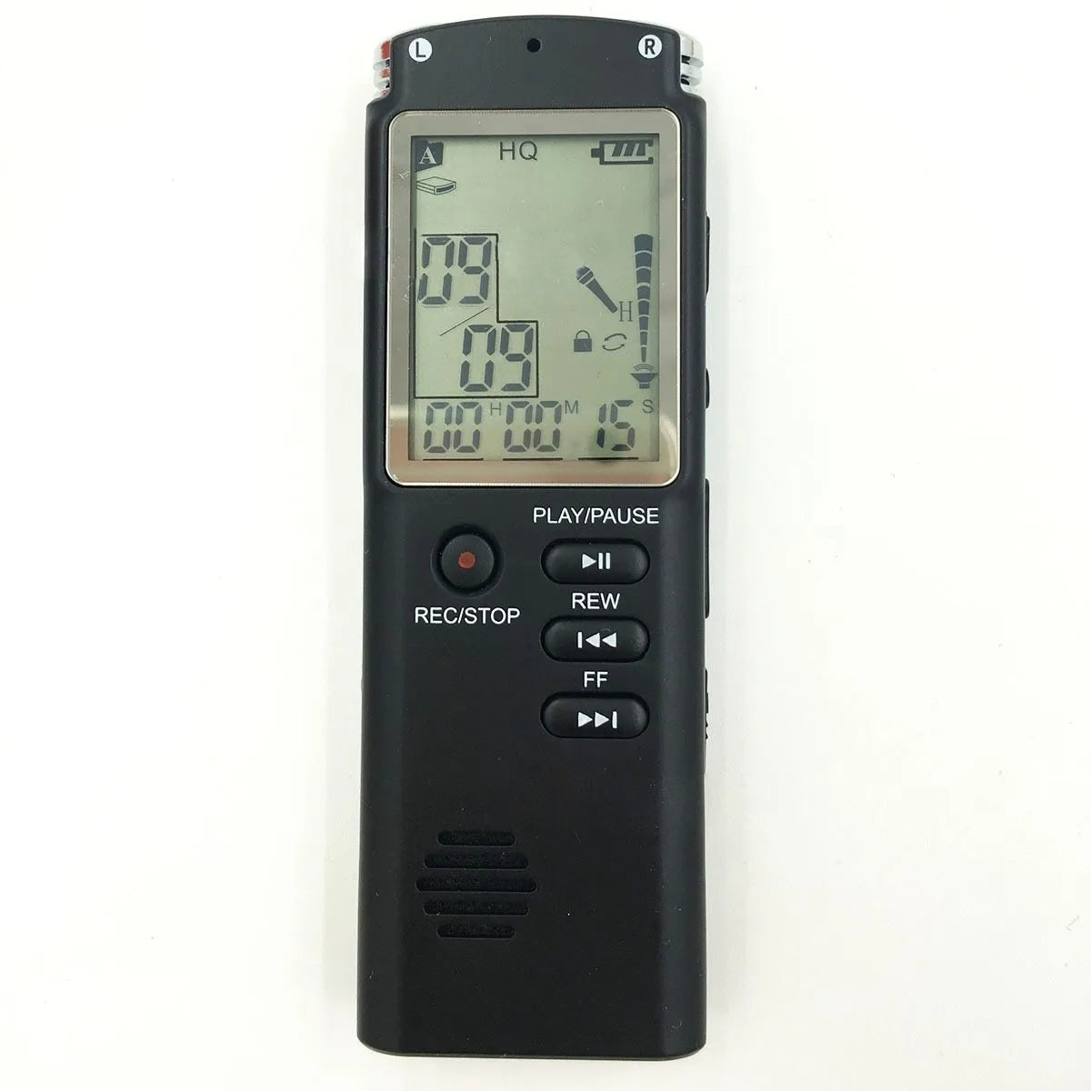 Black USB professional voice recorder unit with external microphone connector.