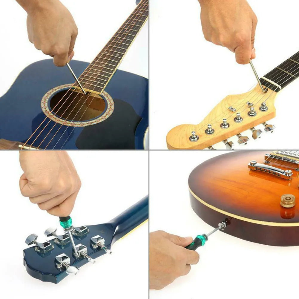 Black guitar repair tool kit for guitar bass mandolin banjo maintenance with case dimensions 200x100x45mm