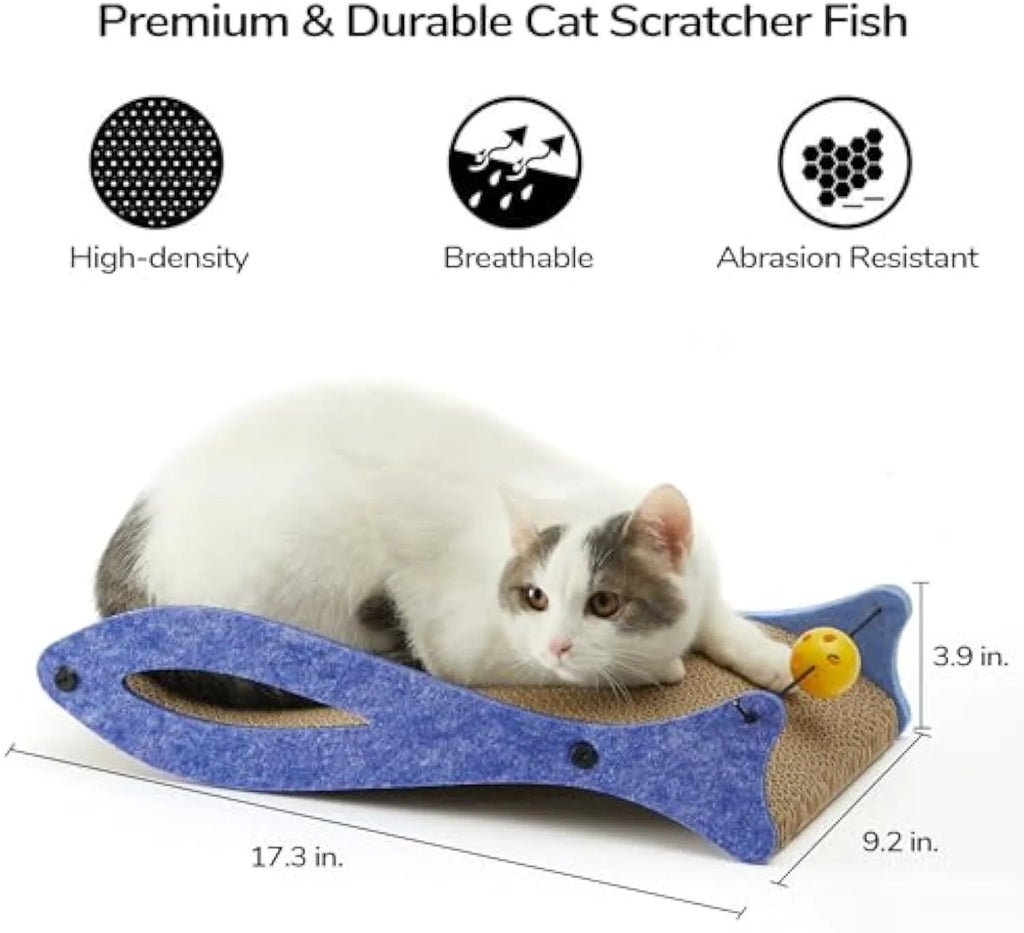 Blue fish-shaped cardboard cat scratcher lounge with an integrated bell ball toy on a string.