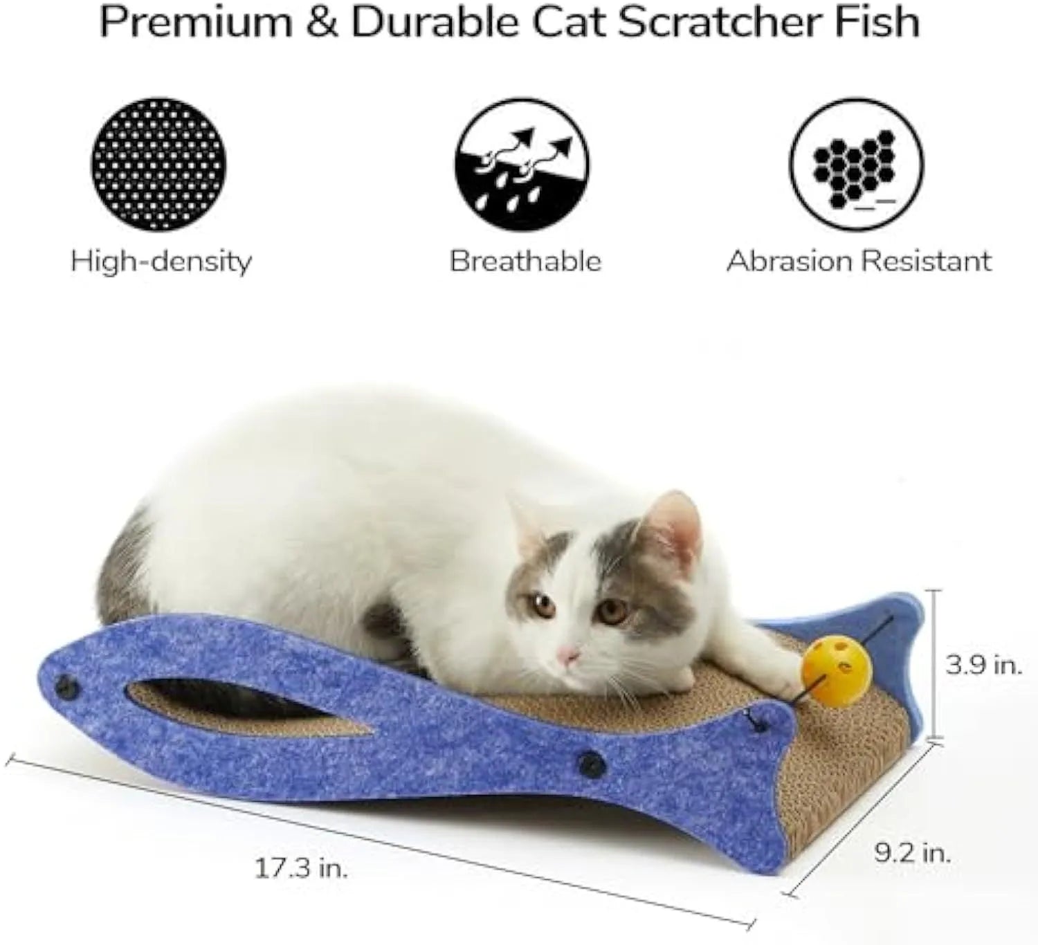 Blue fish-shaped cardboard cat scratcher lounge with an integrated bell ball toy on a string.