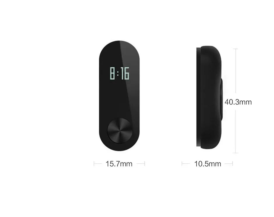Xiaomi Mi Band 2 black fitness band with OLED screen showing heart rate data on a wrist.