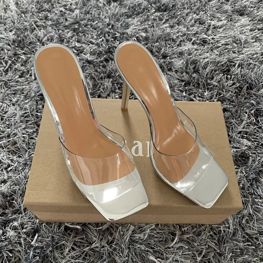 Women's black and silver fashion high heels with PVC soles in sizes 34-43