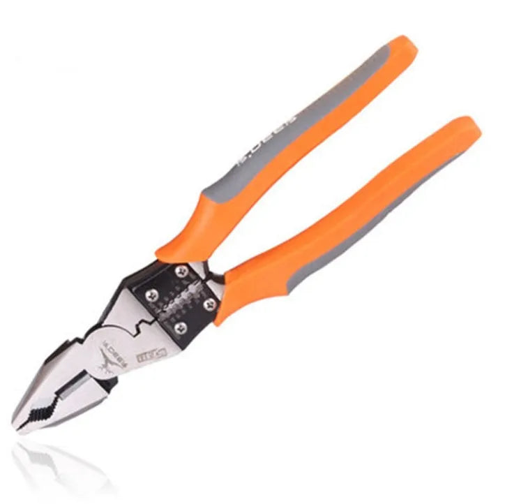 Orange multi-function wire cutter pliers with plastic handle and alloy steel jaws.