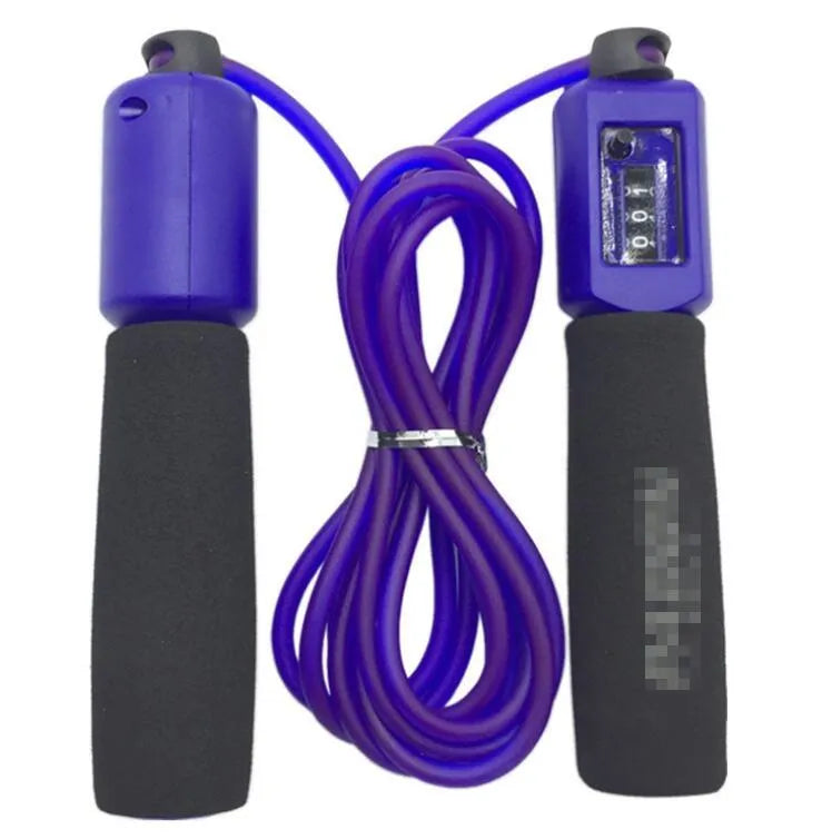 Adjustable skipping rope with blue foam handles and heavy-duty PVC cable on a grey background