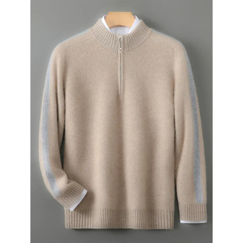 Slim fit sheep wool knitted sweater with half zip and round neck in camel colour