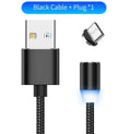 YBD black braided magnetic charging cable with LED light showing Lightning, Micro-USB, and Type-C magnetic tips