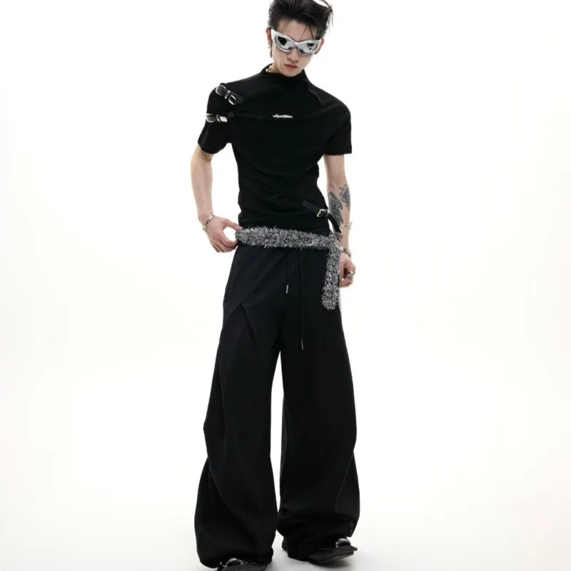Men's slim fit black cotton short sleeve shirt with small stand-up collar and metal belt design detail