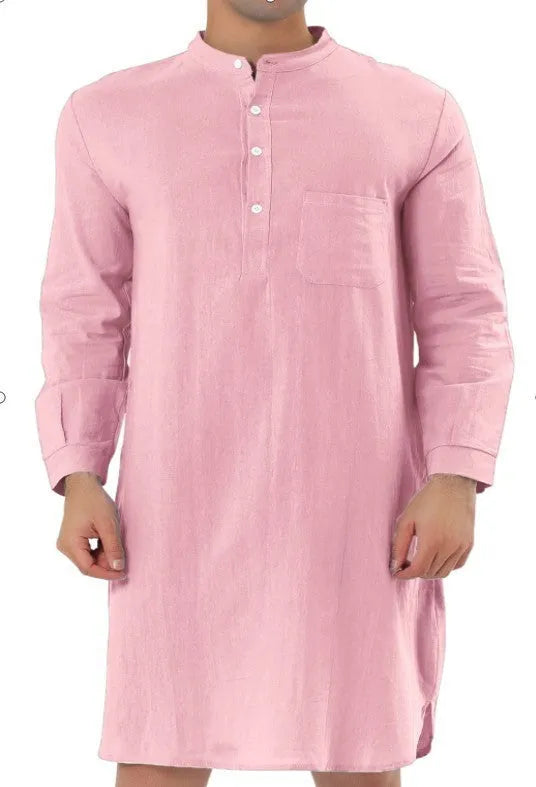Men's cotton shirt robe with a front button closure and pockets, shown in a light blue colour.