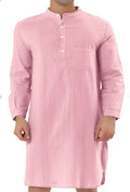 Men's cotton shirt robe with a front button closure and pockets, shown in a light blue colour.
