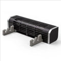 Black laptop cooling pad with dual large fans, showing USB cable and optional integrated support stand.